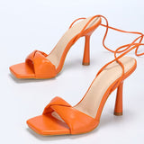 Fligmm 35-42 Women's Orange Cross-Tied Strappy Heels Gladiator Sandals Fashion Pleated Square Toe Lace-Up Stiletto Dress Shoes