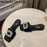 fligmm Jewel Slides Women Shoes Open Toe Flat Heels Slip On Mules Crystal Slippers Brand Rhinestone Square Buckle Sandals Mujer