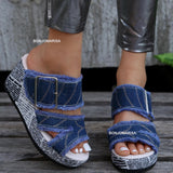 fligmm Wedges High Heeled Mule Sandals For Women Fashion Open Toe Denim Slip On Sandals Shoes Outdoor Classic Slipper Roman