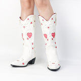 fligmm Cowboy Wesetrn Boots For Women 2023 Heart Pointed Toe Floral Embroidery Chunky Heel Knee High Vintage Riding Boots