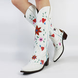 fligmm cowboy heart floral Mid Calf Boots women stacked heeled Women Embroidery Work ridding Western Boots shoes big size 46