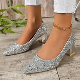 Fligmm Sequins Silver Pumps Women 2023 Autumn Simple Slip On High Heels Shoes Women Pointed Toe Thick Heeled Wedding Party Shoes