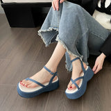 Fligmm Denim Platform Sandals Women Summer 2023 Clip Toe Wedge Heeled Sandals Woman Ankle Straps Thick Bottom Wedges Shoes Female