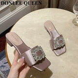 fligmm Jewel Slides Women Shoes Open Toe Flat Heels Slip On Mules Crystal Slippers Brand Rhinestone Square Buckle Sandals Mujer