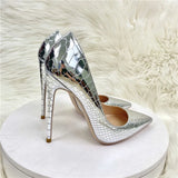 Fligmm Silver Embossed Crocodile Effect Women Sexy Pointy Toe High Heel Party Shoes Bling Shiny Fashion Designer Stiletto Pumps