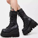 Fligmm Autumn Winter Women's Boots Punk Halloween Witch Cosplay Platform High Wedges Heels Black Gothic Boots Women Shoes Big Size