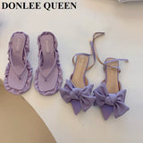 fligmm Flip-flop Sandals Women Stiletto Open Toe Purple Bow Knot High Heels 2023 Fashion Roman Sandal Elegant Mule Slipper Slide