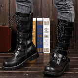 Fligmm SizeMen's Leather Motorcycle Boots Mid-calf Military Combat Boots Gothic Belt Punk Boots Men Shoes Tactical Army Boot 2023