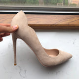 Fligmm Nude Beige Synthetic Suede Women V Cut Pointy Toe High Heel Shoes Sexy Ladies Flock Slip On Stiletto Pumps Customize