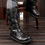 Fligmm SizeMen's Leather Motorcycle Boots Mid-calf Military Combat Boots Gothic Belt Punk Boots Men Shoes Tactical Army Boot 2023