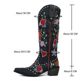 fligmm cowboy heart floral Mid Calf Boots women stacked heeled Women Embroidery Work ridding Western Boots shoes big size 46