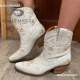 fligmm Embroidered Estern Boots For Women Ankle Bootie Cowboy Cowgirls Flower Print Fashiin Chunke Heel Slip On Shoes 2023