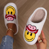 Fligmm Cowboy Smile Face Fur Slippers Women 2023 Winter Closed Toe Plush Cotton Slippers Woman Comfy Soft Bottom House Shoes