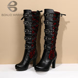 fligmm Platform Boots For Women Lace Up Chunky High Heel Med Calf Boots Narrow Band Bow Knot Goth Gothic Shoes Winter 2023