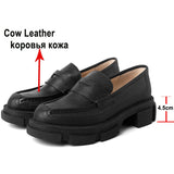 Fligmm Women Loafers Shoes Genuine Leather Thick Heels Platform Pumps Round Toe Mid Heels Ladies Footwear 2023 Spring Beige