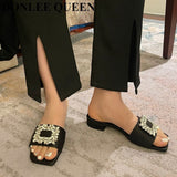 fligmm Jewel Slides Women Shoes Open Toe Flat Heels Slip On Mules Crystal Slippers Brand Rhinestone Square Buckle Sandals Mujer