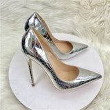 Fligmm Silver Embossed Crocodile Effect Women Sexy Pointy Toe High Heel Party Shoes Bling Shiny Fashion Designer Stiletto Pumps