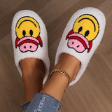 Fligmm Cowboy Smile Face Fur Slippers Women 2023 Winter Closed Toe Plush Cotton Slippers Woman Comfy Soft Bottom House Shoes