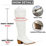 fligmm Women Western Boots Knee High Fashion Pointed Toe Cowboy Cowgirls White Embroidery Boots Slip On Chunky Block Heel Shoes Winter