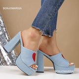 fligmm Mule Sandals For Women Slingback Heart-shaped Design Open Toe Chunky Block High Heeled Sandals Denim Casual Shoes