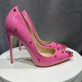 Fligmm Women Patent Pink Pointy Toe High Heel Shoes with Spikes Sexy Ladies Rivets Party Stiletto Pumps Big Size 43 44 45