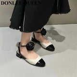 fligmm New Summer Sandals Women Flat Heels French Flower Ankle Strap Shoes Brand Pointed Toe Mules Color Matching Sandalias Mujer