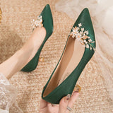 Fligmm Pointed Toe Pumps for Women 2023 New Green Silk Low Heels Shoes Woman Slip on Thin Heeled Lady Shoes Green Party Shoes