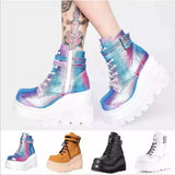 Fligmm New Spring Autumn Fashion Platform Wedge Boots Ankle Women Punk Style Round Toe Cross Tied Women's Boots Botines De Muj