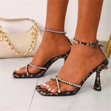 Fligmm TRAF Female Rhinestone Strap Sandals Sexy Leopard Print Squared Toe Party Heels Fashion Sequins Ankle Straps Woman Pumps