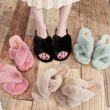 Fligmm Fluffy Slippers Women Fashion Cozy Faux Fur Cross Indoor Floor Slides Flat Soft Furry Ladies Female Celebrities Flip Flops