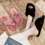 Fligmm Fluffy Slippers Women Fashion Cozy Faux Fur Cross Indoor Floor Slides Flat Soft Furry Ladies Female Celebrities Flip Flops