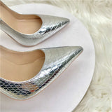 Fligmm Silver Embossed Crocodile Effect Women Sexy Pointy Toe High Heel Party Shoes Bling Shiny Fashion Designer Stiletto Pumps