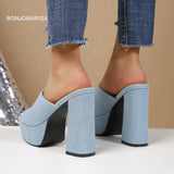 fligmm Mule Sandals For Women Slingback Heart-shaped Design Open Toe Chunky Block High Heeled Sandals Denim Casual Shoes