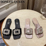 fligmm Jewel Slides Women Shoes Open Toe Flat Heels Slip On Mules Crystal Slippers Brand Rhinestone Square Buckle Sandals Mujer