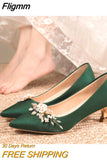 Fligmm Pointed Toe Pumps for Women 2023 New Green Silk Low Heels Shoes Woman Slip on Thin Heeled Lady Shoes Green Party Shoes