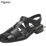 Fligmm Women PU Leather Gladiator Shoes Low Heel Summer Sandals Thick Heels Buckle Narrow Band Ladies Footwear 2023 Beige Black