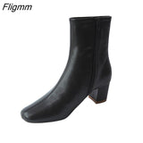 Fligmm Real Leather High Heel Ankle Boots Women Square Toe Zipper Short Boots Shoes Thick Heels Warm Female Boots Winter Beige