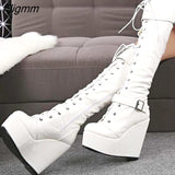 Fligmm Big Size 35-43 Ladies Wedges High Heels Knee High Boots Cross Tied High Platform Boots Women Party Sexy Shoes Woman