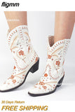 fligmm Embroidered Estern Boots For Women Ankle Bootie Cowboy Cowgirls Flower Print Fashiin Chunke Heel Slip On Shoes 2023