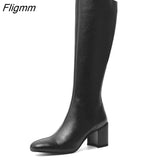 Fligmm Winter Knee High Boots Women Natural Genuine Leather Thick High Heel Long Boots Zip Round Toe Shoes Ladies Fall Size 39