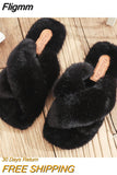 Fligmm Fluffy Slippers Women Fashion Cozy Faux Fur Cross Indoor Floor Slides Flat Soft Furry Ladies Female Celebrities Flip Flops