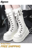 fligmm Women Goth Platform Mid Calf Boots Wedges Heeled Cospaly Autumn Combat Boots Design Luxury Motorcycle Boots Shoes