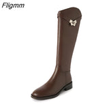 Fligmm Genuine Leather Riding Boots Thick Med Heel Zipper Ladies Boots Round Toe Knee High Boots Autumn Winter Brown Gray 33-42