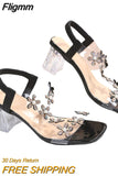 Fligmm Women Sandals Pvc Crystal Flower Decoration Chunky Heel Peep Toe Back Strap Elastic Band Elegant Fashion Shoes Ladies