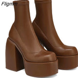 Fligmm Autumn and Winter New Square Head Thick Heel High Heel Waterproof Platform Stretch Leather Large Size Patent Leather Boots