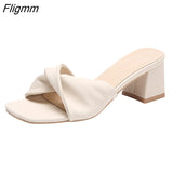 Fligmm Designer Slippers Women Mules Shoes Fashion Lychee Pattern Open Toe Slides Ladies Brand Square Heel Mules Female Slippers