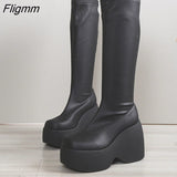 Fligmm Autumn and Winter New Square Head Thick Heel High Heel Waterproof Platform Stretch Leather Large Size Patent Leather Boots