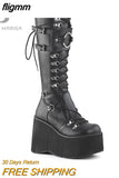 fligmm Platform Boots For Women Wedges Knee High Black Lace Up Fashion Goth Gothic Boots Punk Shoes Girls Winter 2023