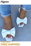 Fligmm Summer Plus Size One-line Solid Color Bow Flat Sandals Outdoor Beach Slippers Elegant Women Shoes 2023