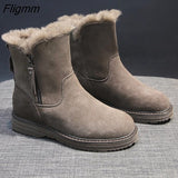 Fligmm Ankle Boots Women Zip Flat Leather Short Plush Winter Shoes Women Warm Ladies Boots Ankle Sewing Fashion Black Shoes Woman